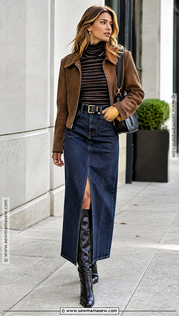 Denim Maxi Skirt And Knee High Boots Autumn Outfit - 15 autumn outfits inspo 2026