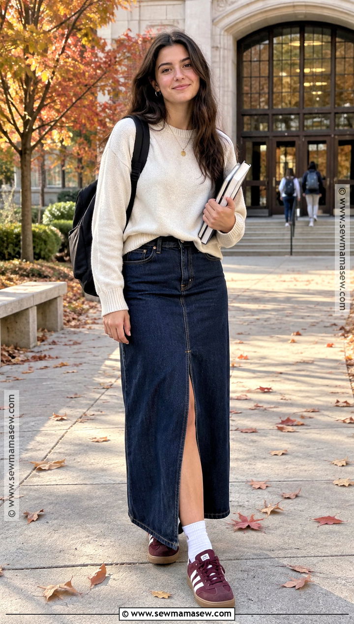 Denim Maxi Skirt And Knit Sweater Fall College Outfit - 15 fall fashion college ideas