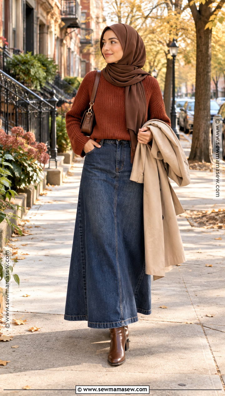 Denim Maxi Skirt And Knit Sweater Hijabi Outfit - 20 Fall Hijabi Outfits Aesthetic