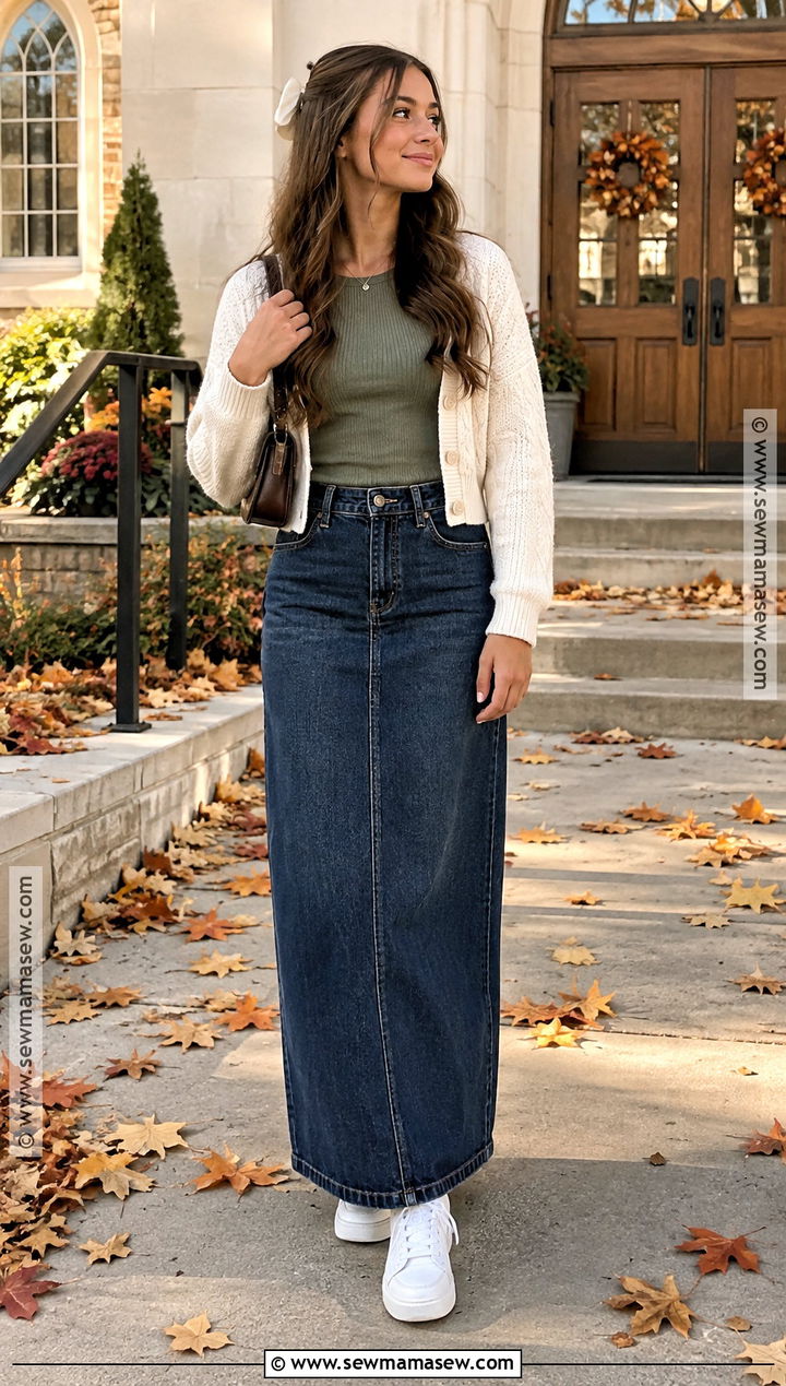 Denim Maxi Skirt And Knit Top Church Outfit - 20 Cute Fall Church Outfits for Teens