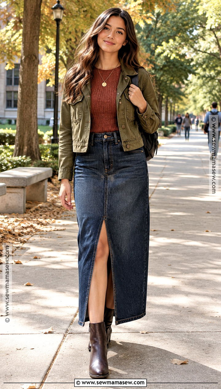 Denim Maxi Skirt And Knit Top Fall School Outfit - 15 back to school outfits fall