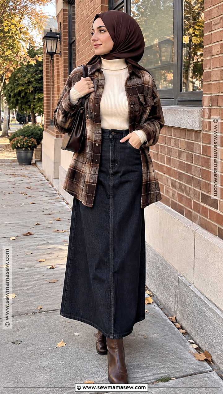 Denim Maxi Skirt And Shacket Hijabi Fall Outfit - 20 hijabi fall fits
