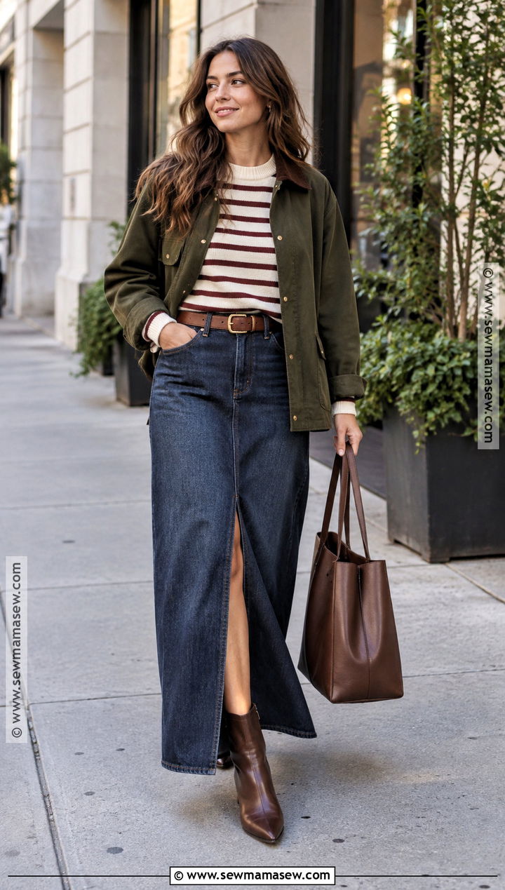 Denim Maxi Skirt And Striped Sweater - 15 skirts and sweaters outfit fall