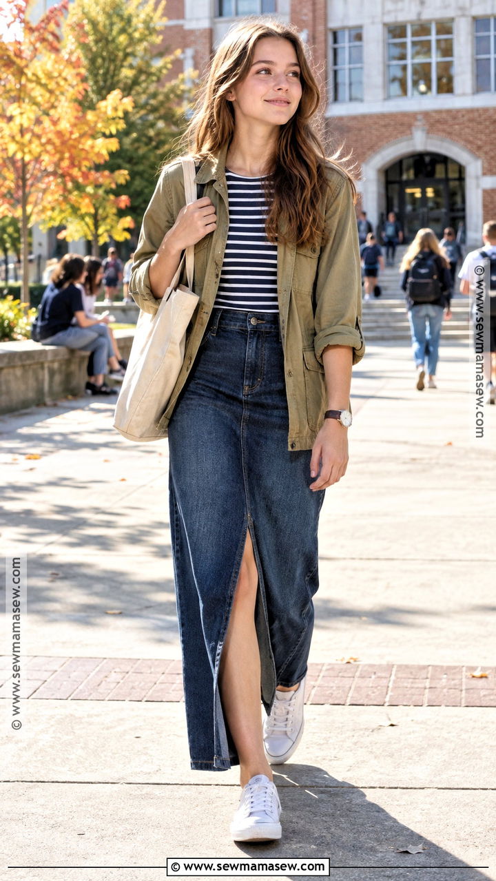 Denim Maxi Skirt And Striped T Shirt Outfit - 20 back to school outfits teen for girls