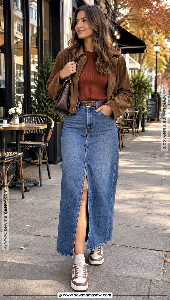 Denim Maxi Skirt And Sweater With Dunks - 15 Fall Outfit With Dunks Ideas
