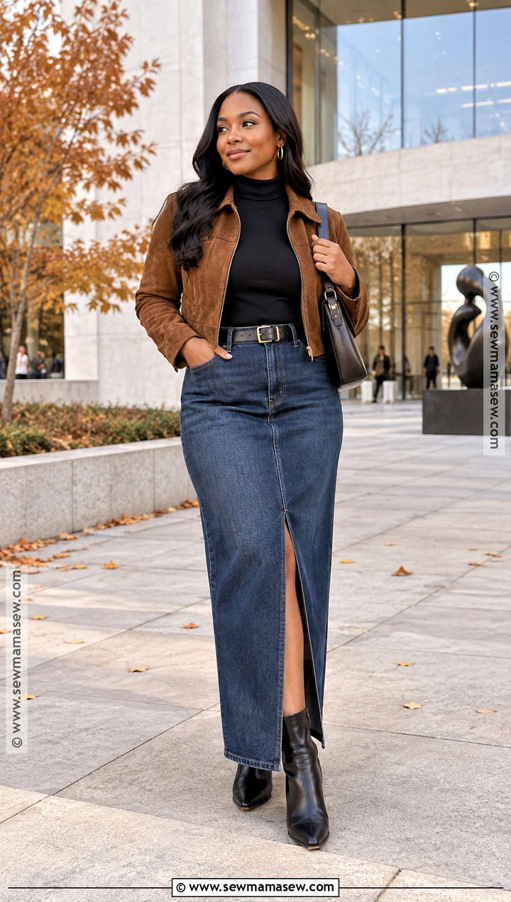 Denim Maxi Skirt And Turtleneck Fall Outfit - 15 Fall Looks for Black Women 2026