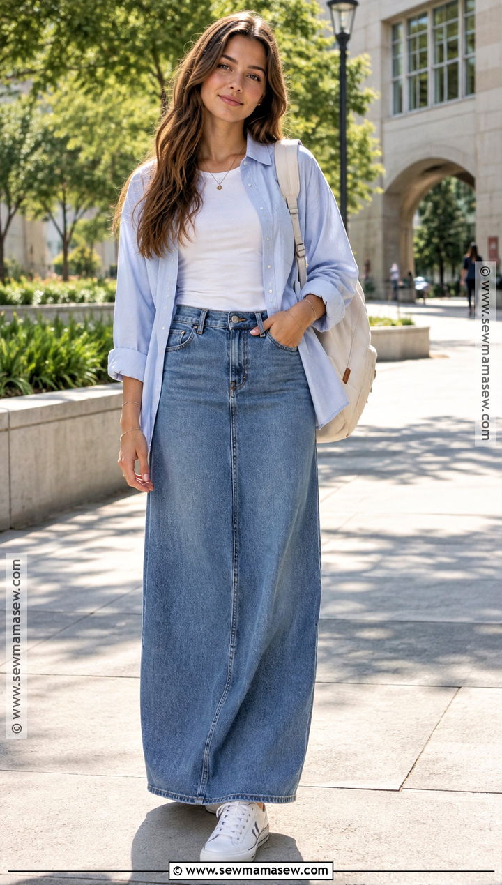 Denim Maxi Skirt Back To School Outfit - 20 Back To School Outfits Modest