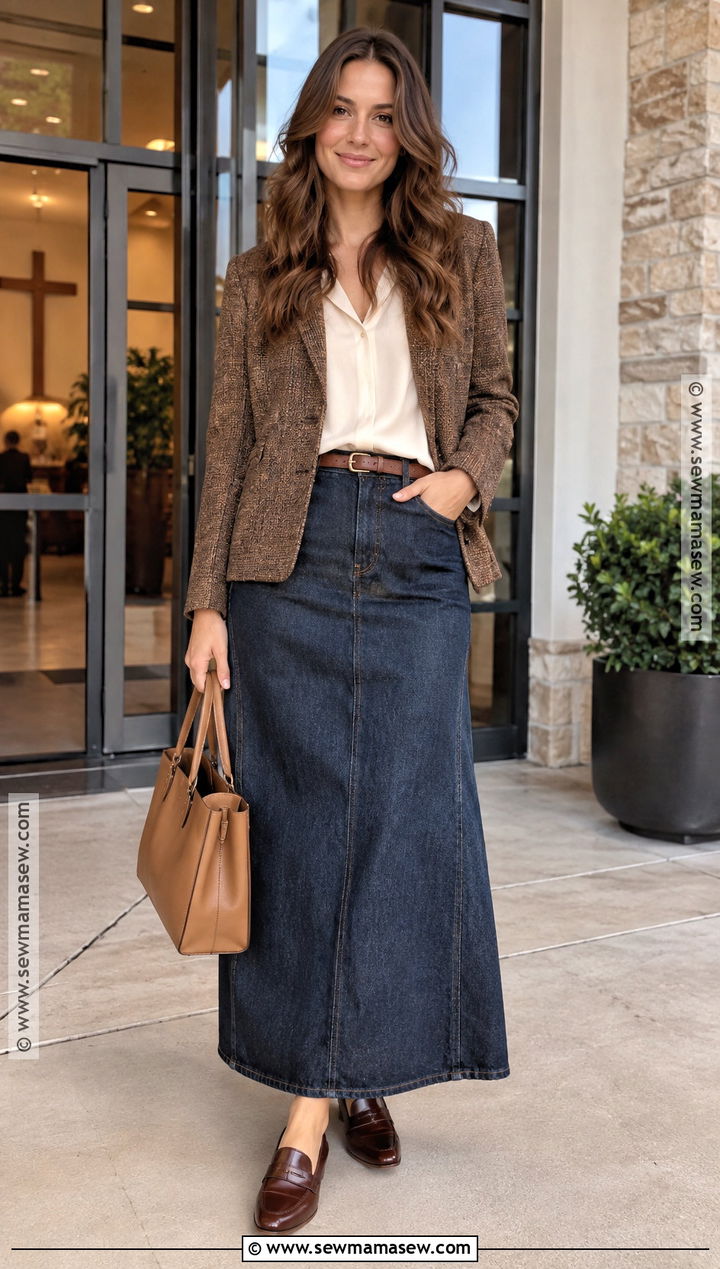 Denim Maxi Skirt Church Outfit - 15 Fall Sunday Outfit Church Ideas