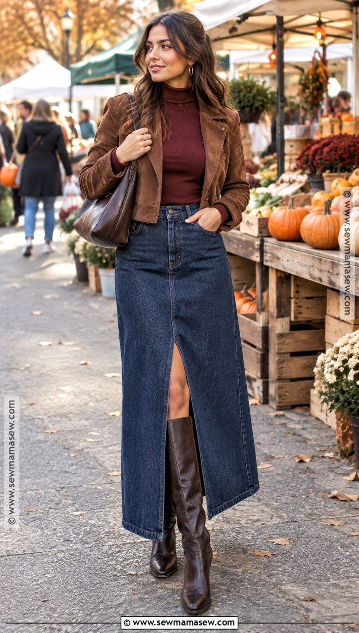 Denim Maxi Skirt Date Outfit With Turtleneck - 25 date outfit fall ideas