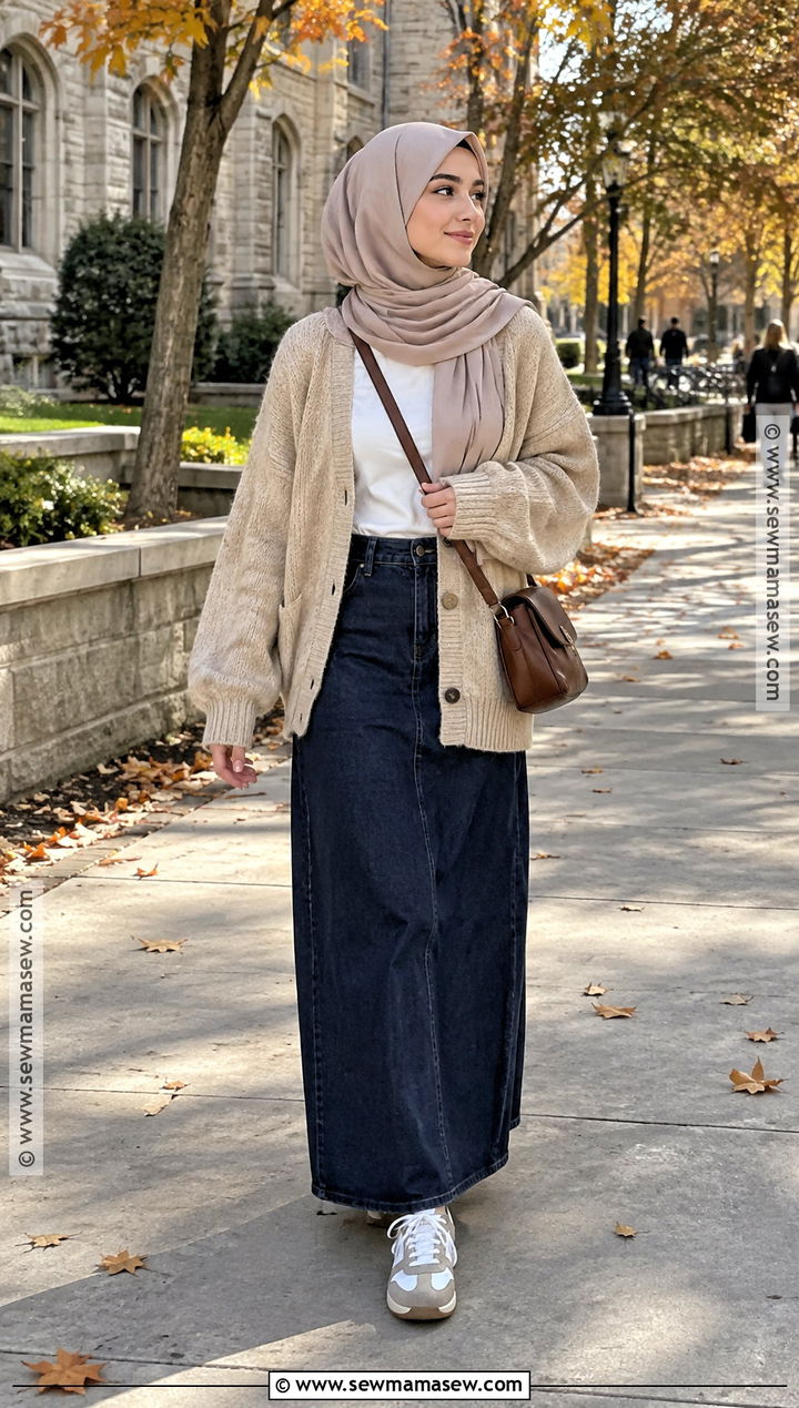 Denim Maxi Skirt Hijabi Outfit With A Cardigan - 25 fall hijabi outfits