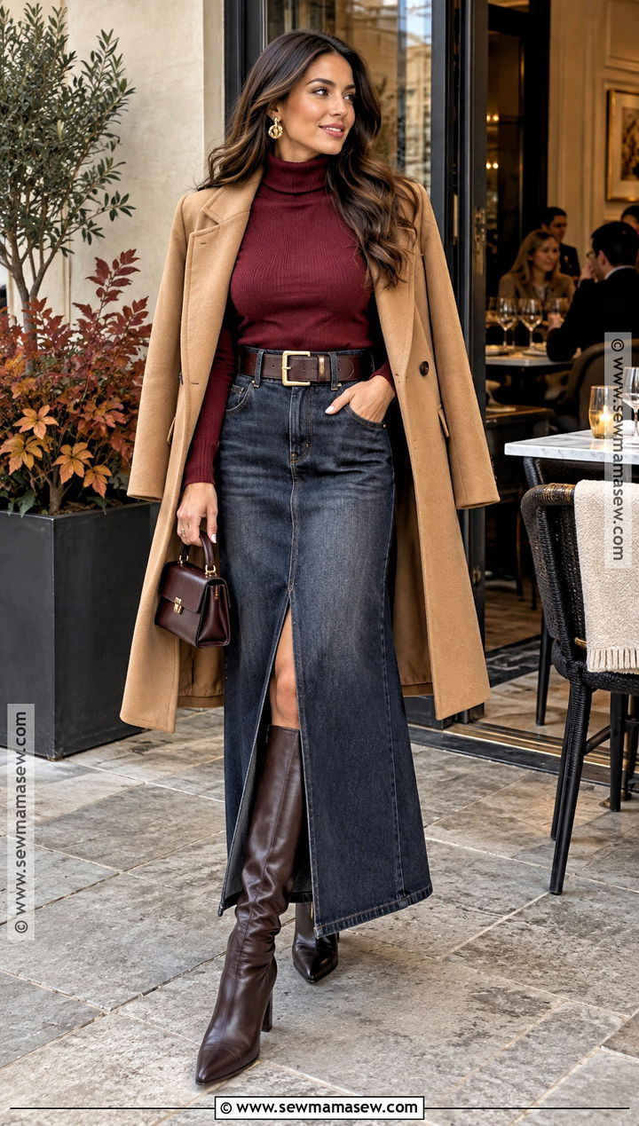 Denim Maxi Skirt November Birthday Outfit With Turtleneck - 25 november birthday outfit ideas