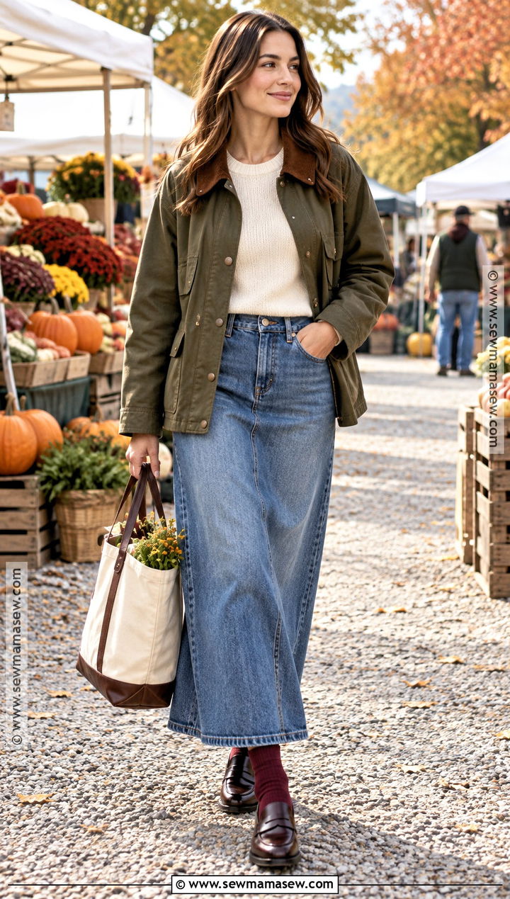 Denim Maxi Skirt With Barn Jacket And Loafers - 20 denim skirt outfit autumn ideas