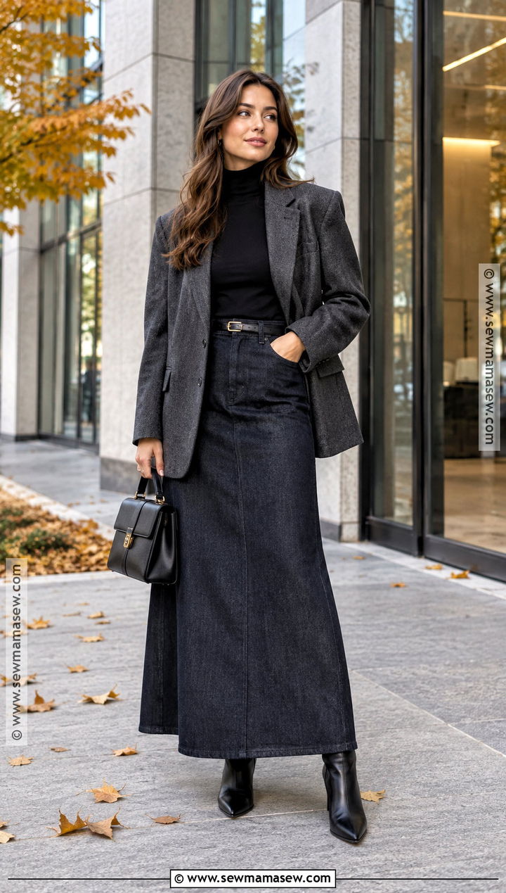 Denim Maxi Skirt With Blazer And Pointed Boots - 25 denim skirt fall outfits