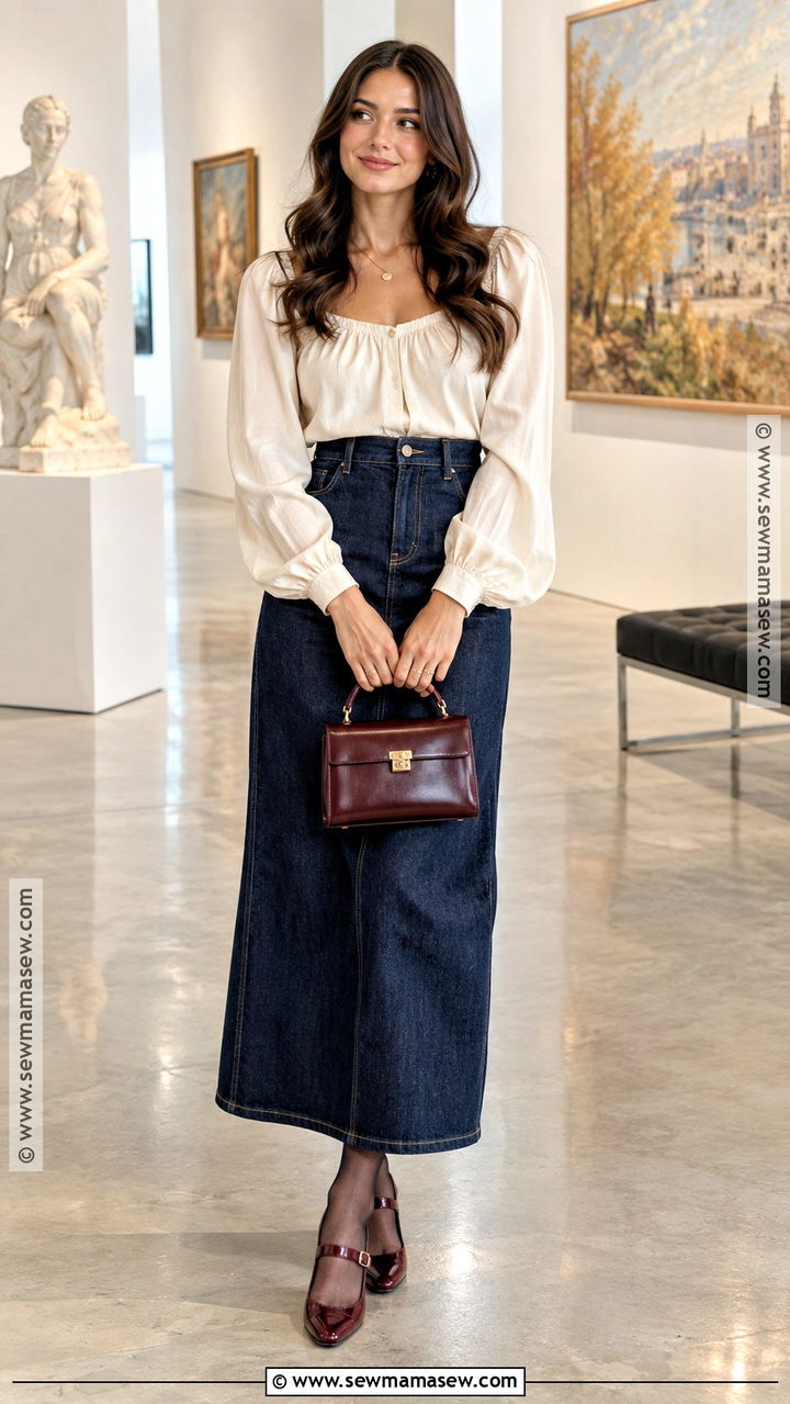 Denim Maxi Skirt With Blouse And Mary Jane Shoes - 20 autumn denim skirt outfit ideas