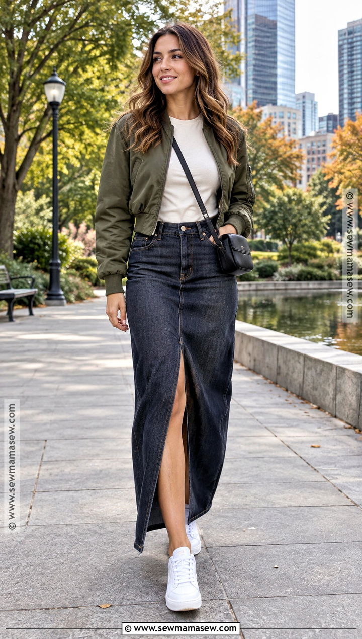 Denim Maxi Skirt With Bomber Jacket And Sneakers - 25 fall denim skirt outfits