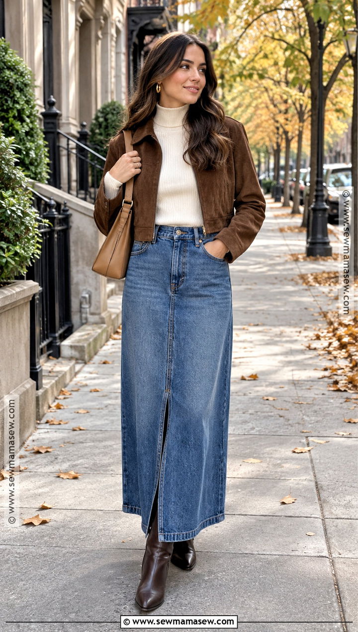 Denim Maxi Skirt With Brown Suede Jacket - 20 Denim Skirt Outfits Fall