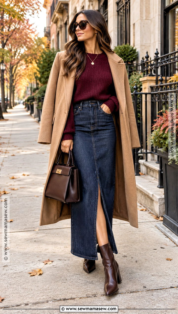 Denim Maxi Skirt With Burgundy Sweater And Heeled Boots - 15 denim maxi skirt fall outfit ideas