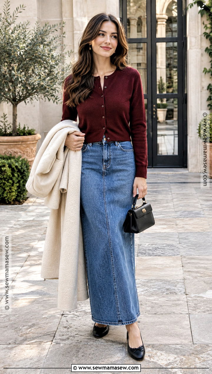 Denim Maxi Skirt With Cardigan And Ballet Flats - 20 denim skirt autumn outfit ideas