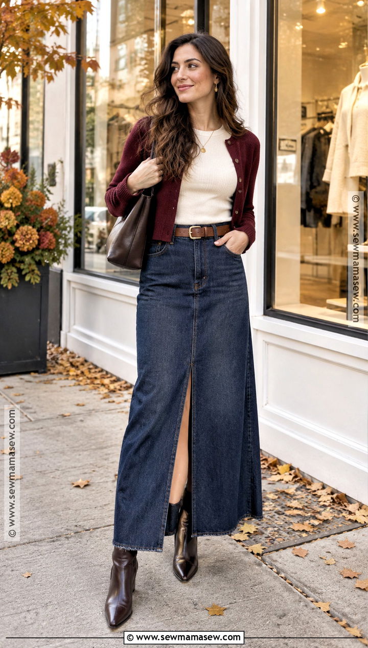 Denim Maxi Skirt With Cardigan Outfit - 15 fashion over 25 fall ideas 2026