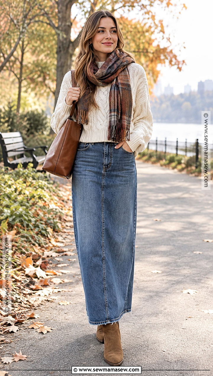 Denim Maxi Skirt With Chunky Knit Sweater - 20 Denim Skirt Outfits Fall