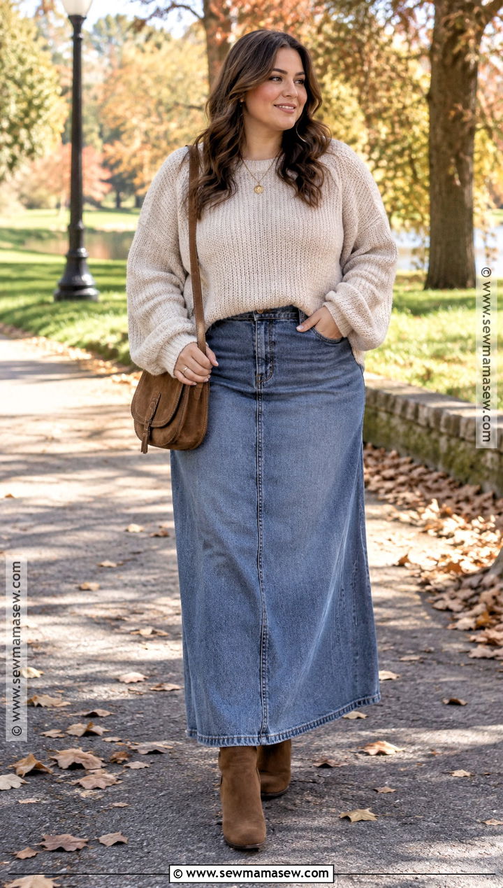 Denim Maxi Skirt With Chunky Sweater And Ankle Boots - 20 denim maxi skirt outfit fall ideas