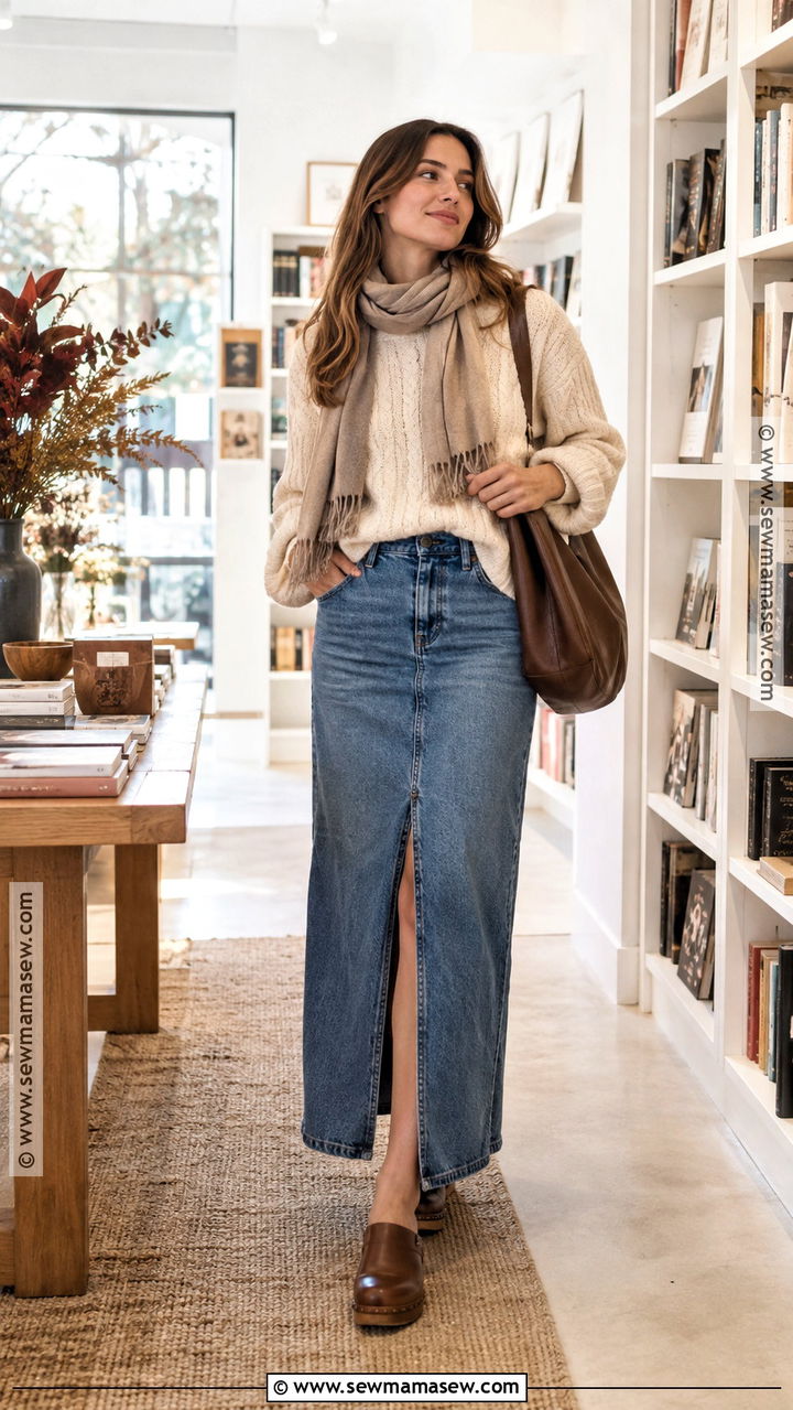 Denim Maxi Skirt With Chunky Sweater And Clogs - 20 autumn denim skirt outfit ideas