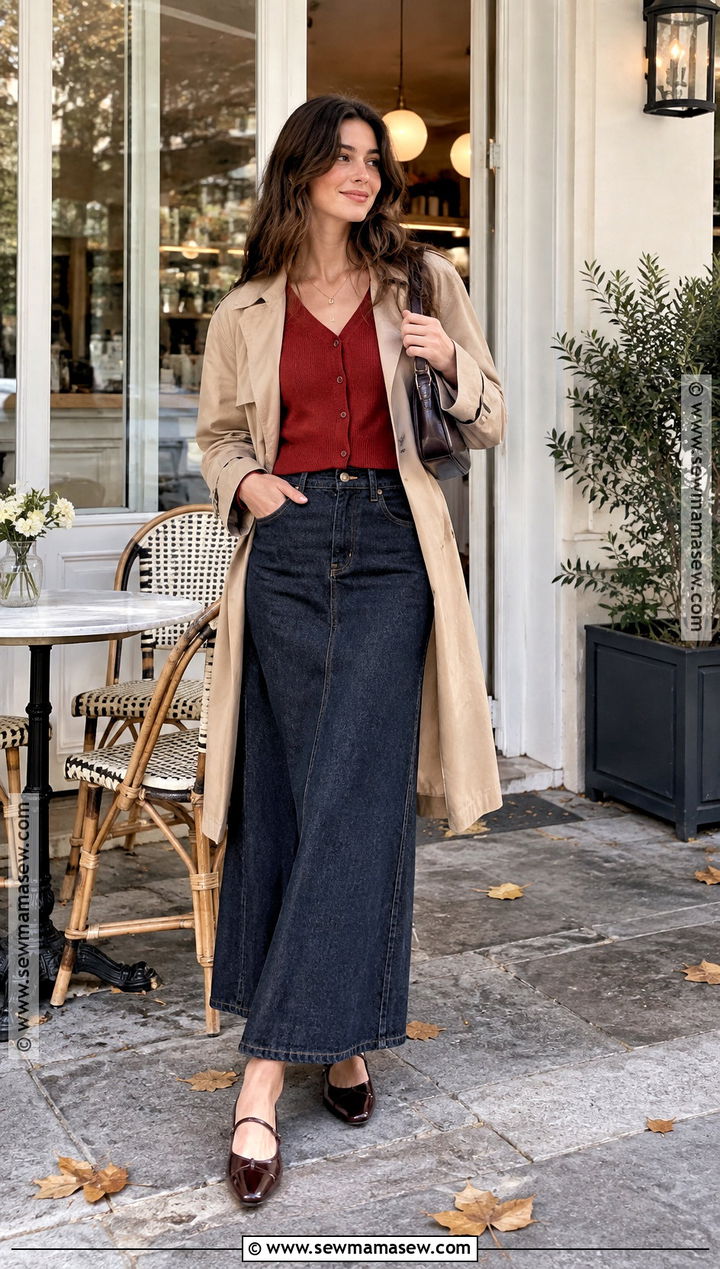 Denim Maxi Skirt With Cropped Cardigan And Ballet Flats - 20 denim maxi skirt outfit fall ideas