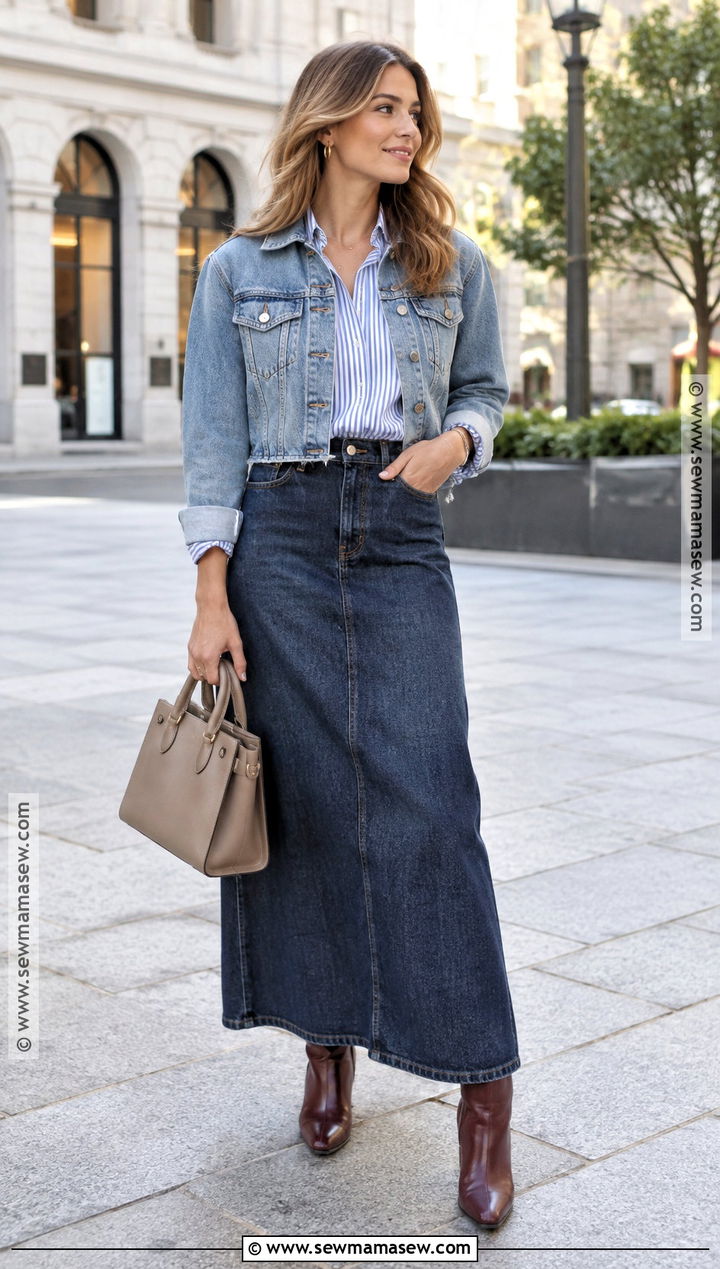 Denim Maxi Skirt With Denim Jacket - 20 Denim Skirt Outfits Fall