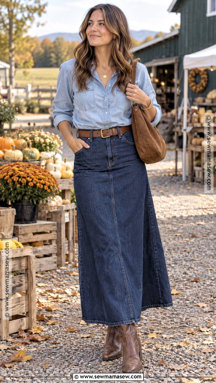 Denim Maxi Skirt With Denim Shirt And Western Boots - 20 autumn denim skirt outfit ideas