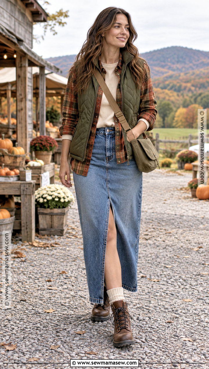 Denim Maxi Skirt With Flannel Shirt And Hiking Boots - 25 fall denim skirt outfits