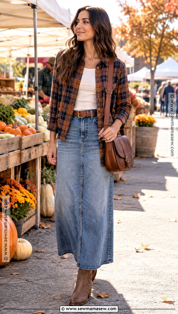 Denim Maxi Skirt With Flannel Shirt And Western Boots - 20 denim skirt autumn outfit ideas
