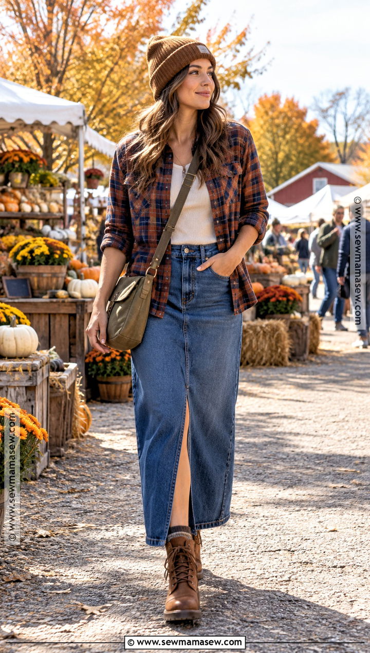 Denim Maxi Skirt With Flannel Shirt And Work Boots - 25 denim skirt fall outfits