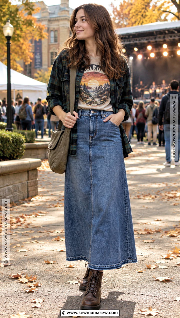 Denim Maxi Skirt With Graphic Tee And Flannel Shirt - 20 denim maxi skirt outfit fall ideas