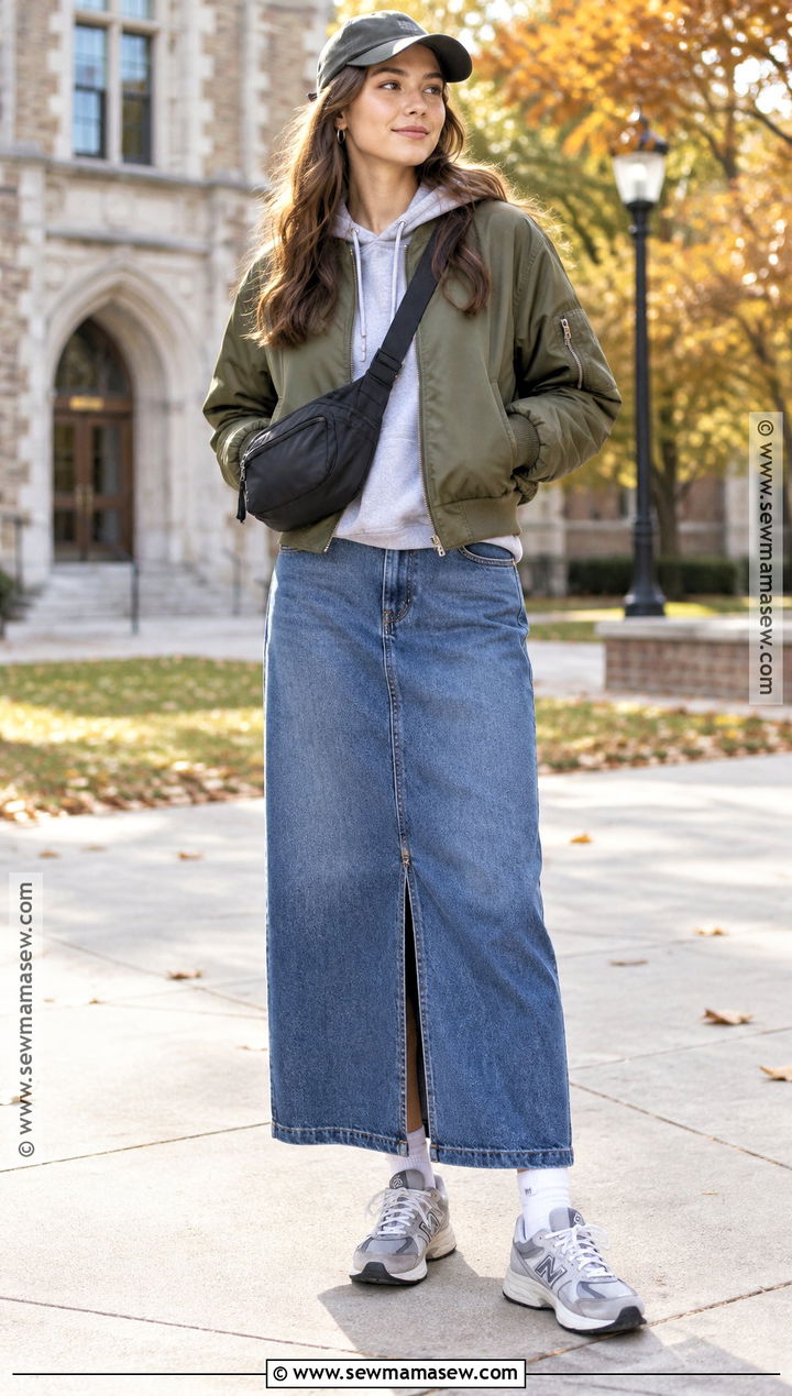 Denim Maxi Skirt With Hoodie And Bomber Jacket - 20 denim maxi skirt outfit fall ideas