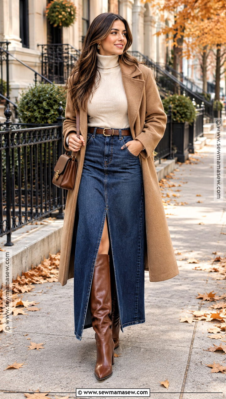 Denim Maxi Skirt With Knee High Boots - 15 fall maxi skirt outfits with boots