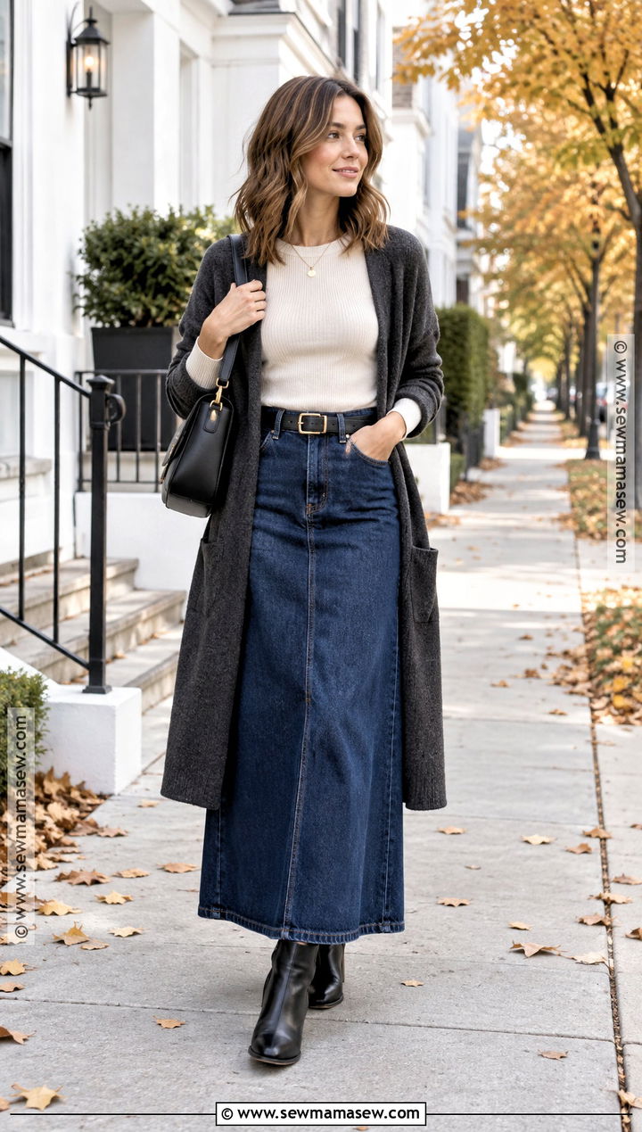 Denim Maxi Skirt With Long Cardigan And Ankle Boots - 25 denim skirt fall outfits