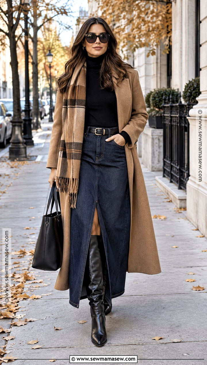 Denim Maxi Skirt With Long Coat And Tall Boots - 20 denim skirt autumn outfit ideas