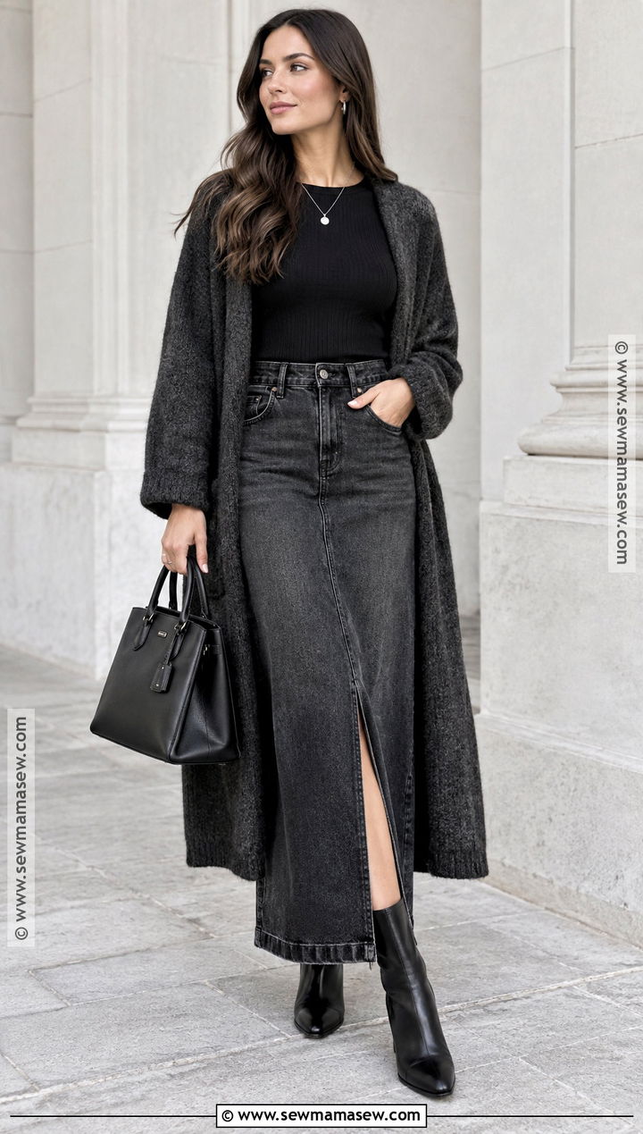 Denim Maxi Skirt With Monochrome Knit Layers - 25 fall denim skirt outfits