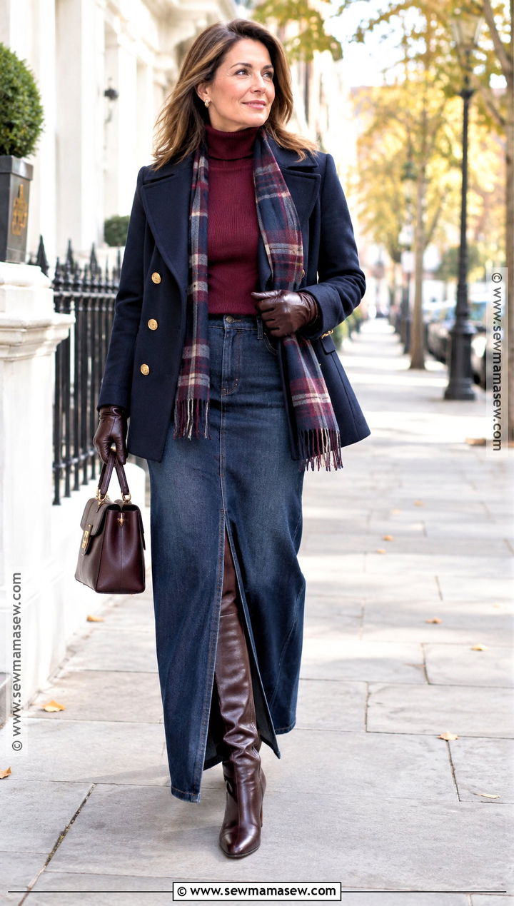 Denim Maxi Skirt With Peacoat And Tall Boots - 20 denim maxi skirt outfit fall ideas