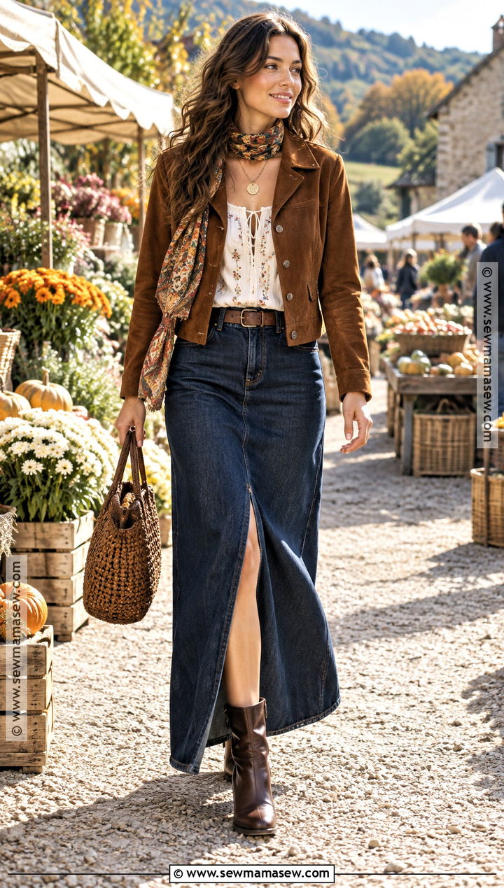 Denim Maxi Skirt With Peasant Blouse And Suede Jacket - 20 Fall Whimsical Outfit Ideas