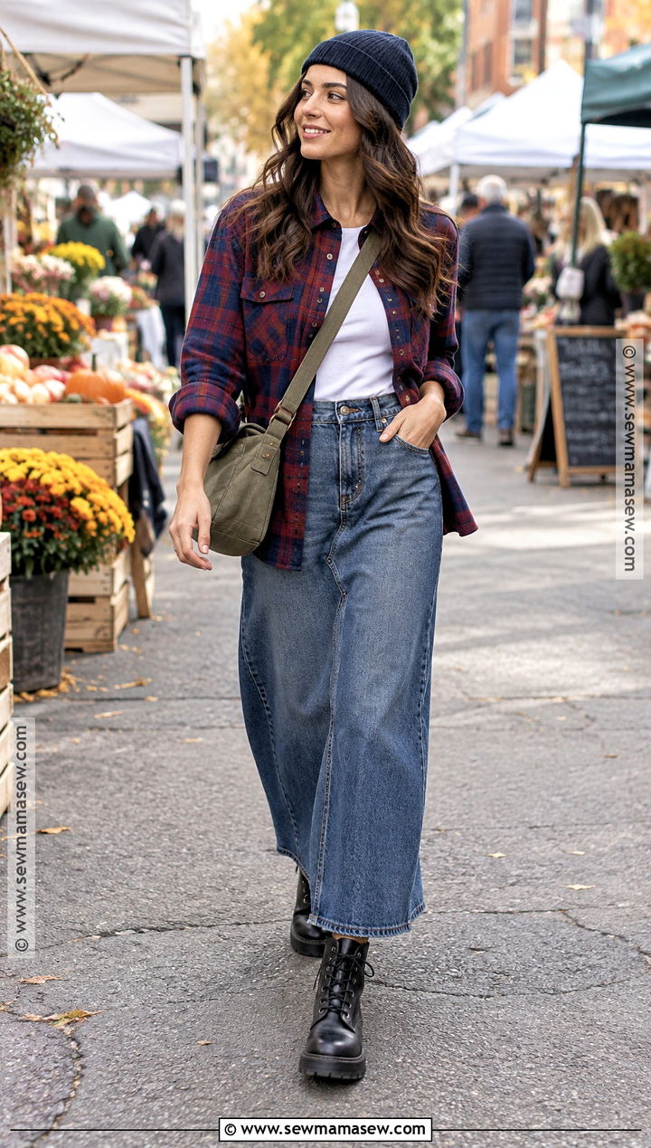 Denim Maxi Skirt With Plaid Shirt And Combat Boots - 15 denim maxi skirt fall outfit ideas