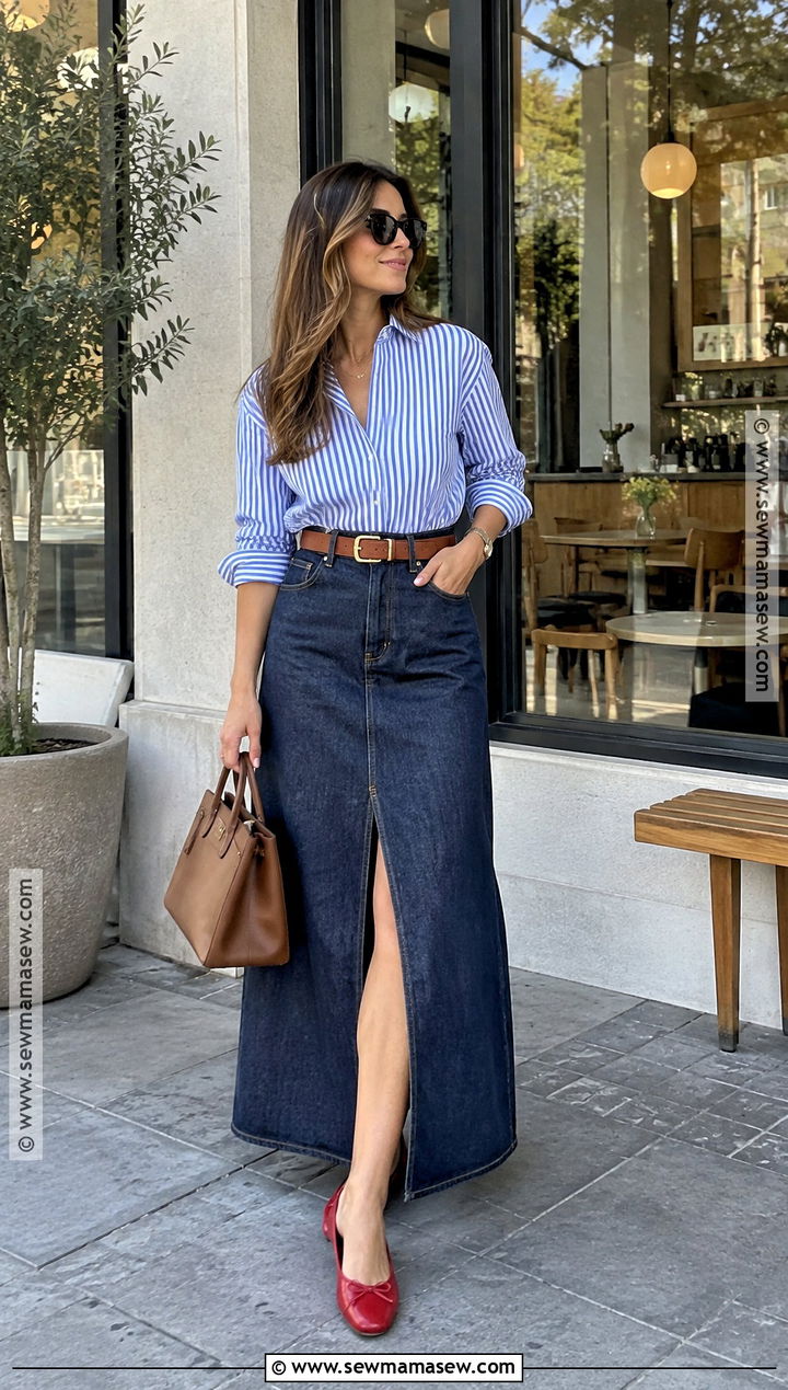 Denim Maxi Skirt With Striped Shirt And Colorful Shoes - 25 denim skirt outfit fall ideas