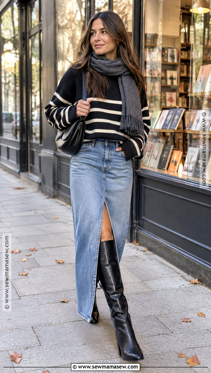 Denim Maxi Skirt With Striped Sweater And Knee High Boots - 20 denim maxi skirt outfit fall ideas