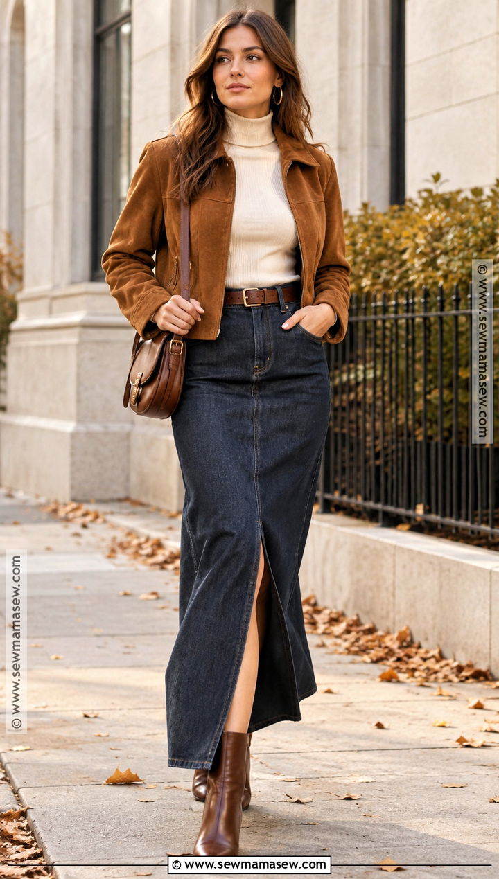 Denim Maxi Skirt With Suede Jacket And Brown Boots - 25 denim skirt fall outfits