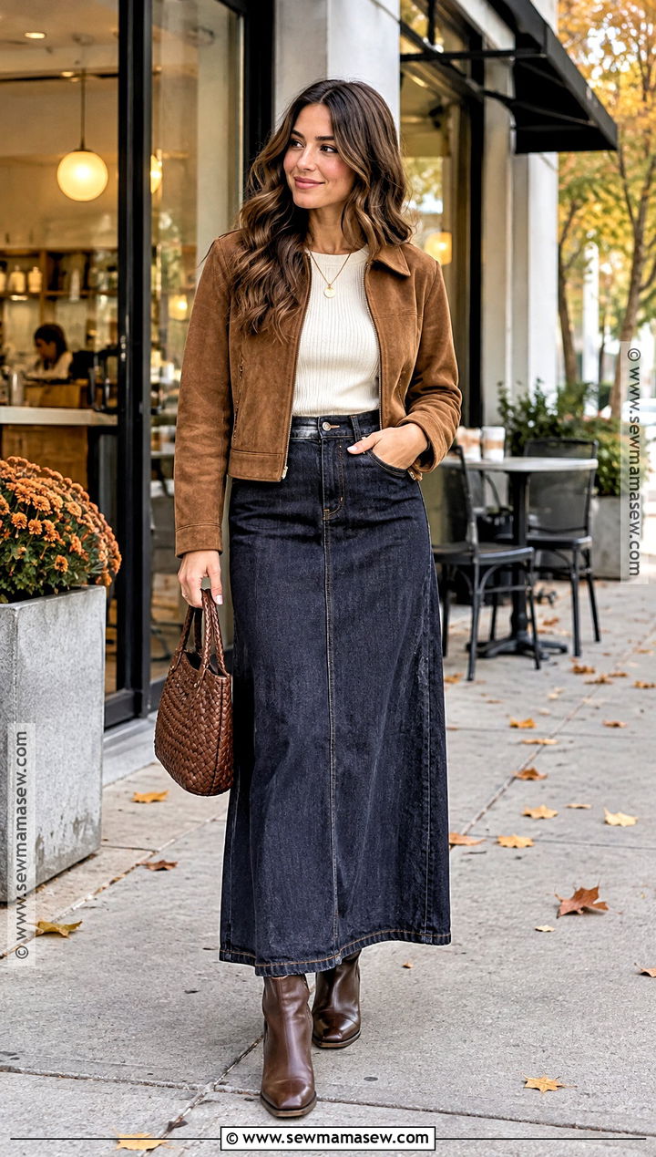 Denim Maxi Skirt With Suede Jacket And Cream Knit - 15 denim maxi skirt fall outfit ideas