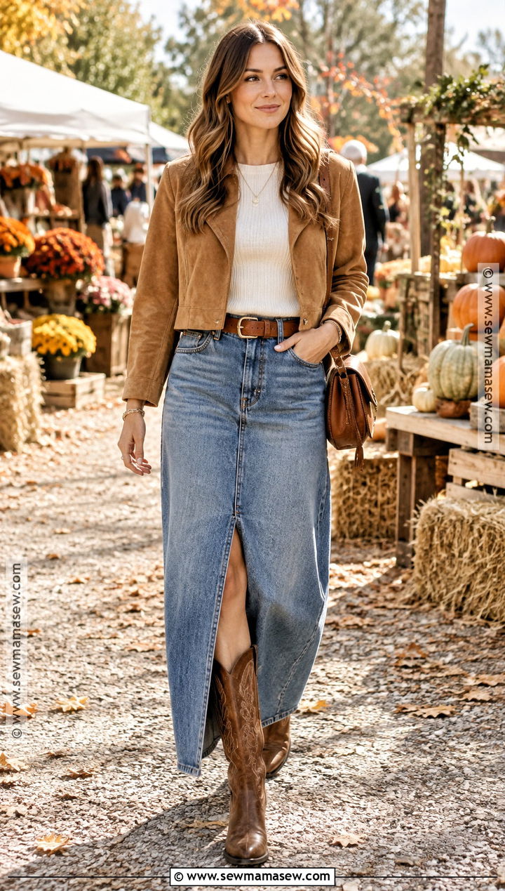 Denim Maxi Skirt With Suede Jacket And Western Boots - 20 denim maxi skirt outfit fall ideas