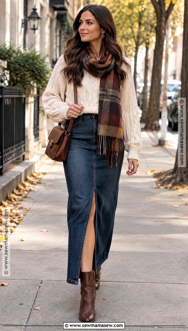 Denim Maxi Skirt With Sweater And Ankle Boots - 20 maxi skirt outfit autumn ideas