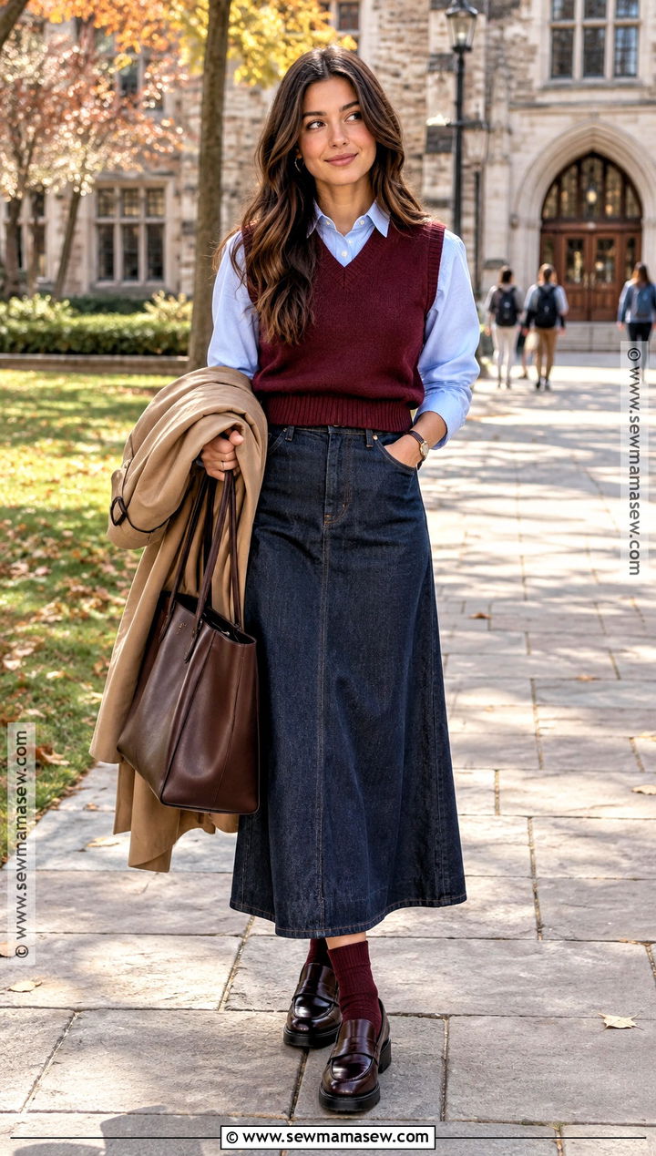Denim Maxi Skirt With Sweater Vest And Button Down - 20 denim maxi skirt outfit fall ideas