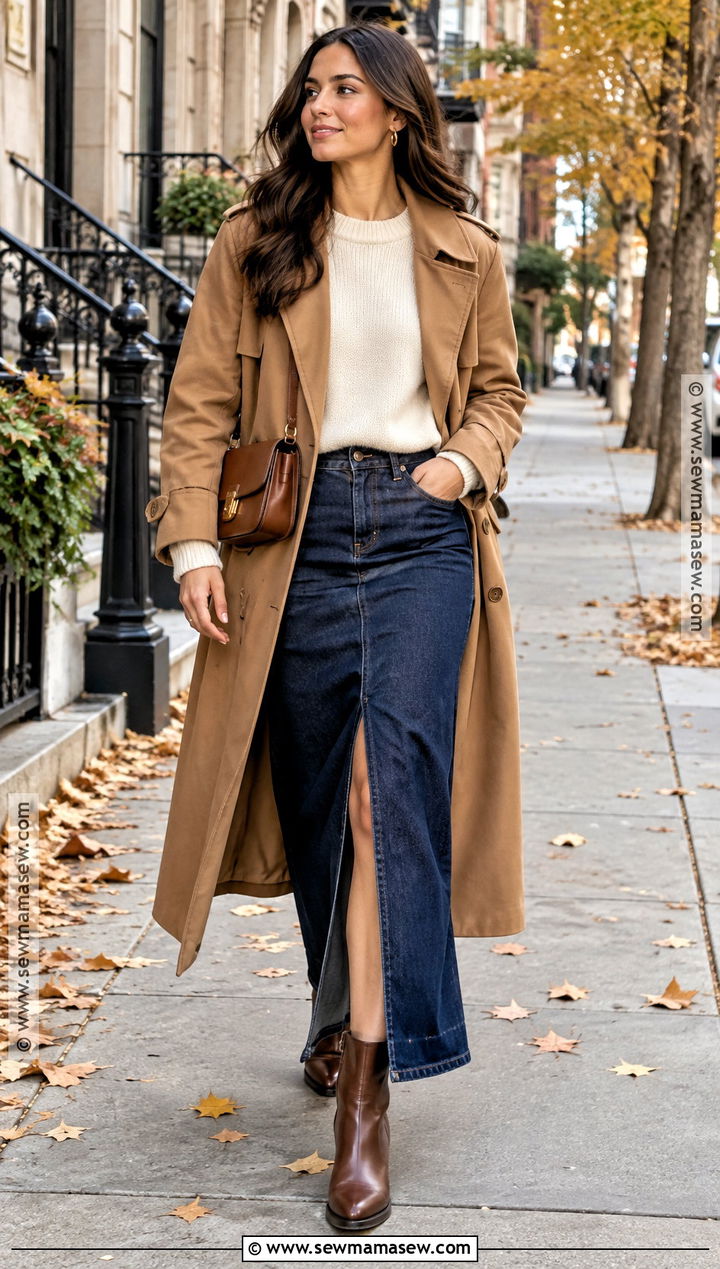Denim Maxi Skirt With Sweater and Ankle Boots - 15 fall skirts 2026