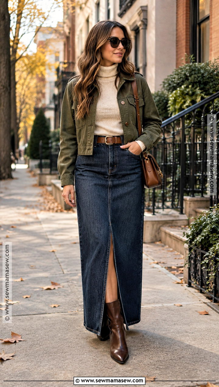 Denim Maxi Skirt With Turtleneck And Ankle Boots - 20 fall outfits maxi skirt